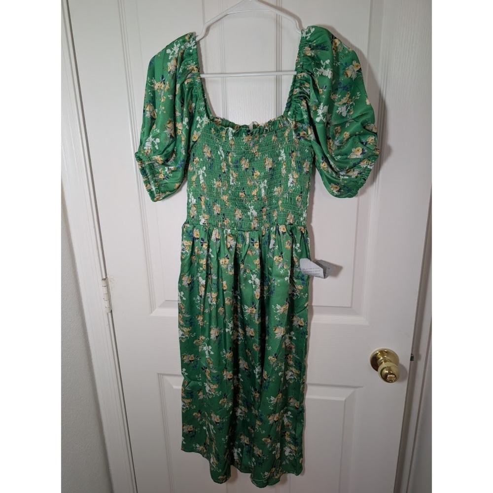 Maisic Smocked Floral Midi Dress Puff Sleeve Green Cottagecore S